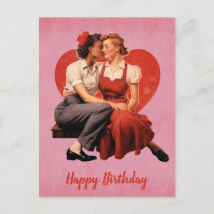 Cartão Postal Aniversário Feliz Casal Lésbico Vintage