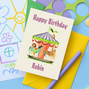 Cartão Postal Aniversário Feliz do Nome da Criança Retro Feliz-P