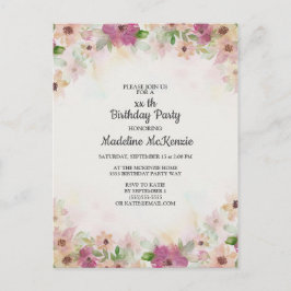 Cartão Postal Aniversário Floral em Aquarela Rosa Delicado Roxo