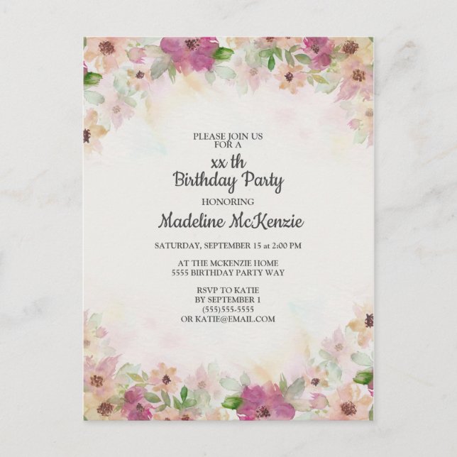 Cartão Postal Aniversário Floral em Aquarela Rosa Delicado Roxo (Frente)