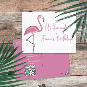 Cartão Postal Aniversário Orçamento Cor de Água Rosa Flamingo Si