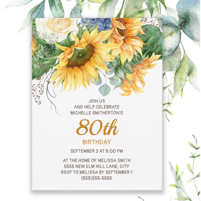 Cartão Postal Aniversário Personalizado de Girassóis Eucalyptus  (Sunflowers and eucalyptus women's 80th birthday invitation)