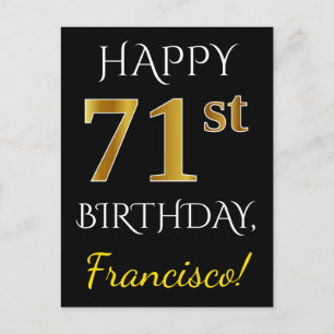 Cartão Postal Aniversário Preto, Faux Dourado 71ruas + Nome Per