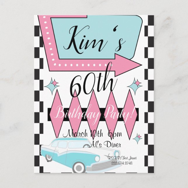 Cartão Postal Aniversário retrô dos anos 1950, qualquer idade, (Frente)