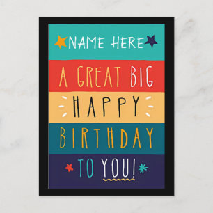 Cartão Postal Aniversário Tipografia Personalizada Colorida