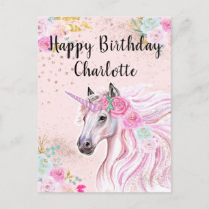 Cartão Postal Aniversário Unicórnio Rosa Azul Floral Nome Person
