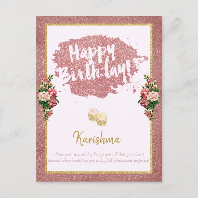 Cartão Postal aniversários Nome pessoal alteração Rosa (Frente)