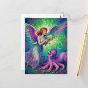 Cartão Postal Anjo Colorido aproveita uma bebida com polvo unicó