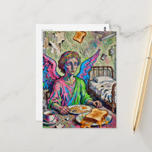 Cartão Postal Anjo Colorido no Café da Manhã em Estilo Arte Brut