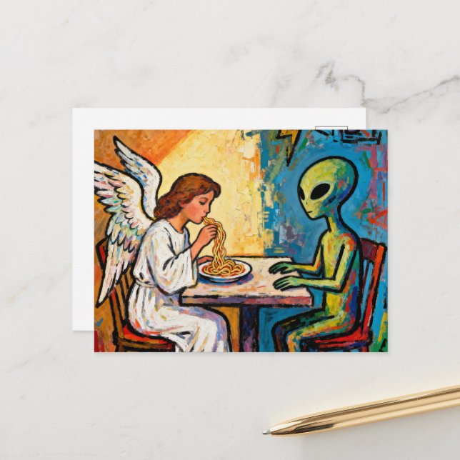 Cartão Postal Anjo comendo Espaguete com um alienígena (Frente/Verso In Situ)