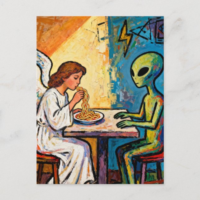 Cartão Postal Anjo comendo espaguete com um alienígena (Frente)