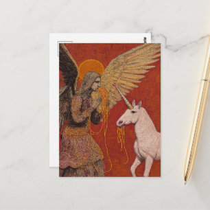 Cartão Postal Anjo comendo espaguete com um unicórnio
