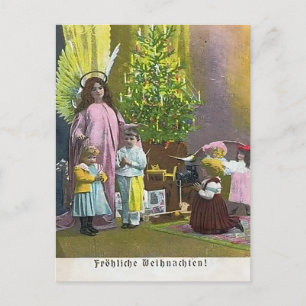 Cartão Postal Anjo da Guarda com Crianças e Árvore Iluminada