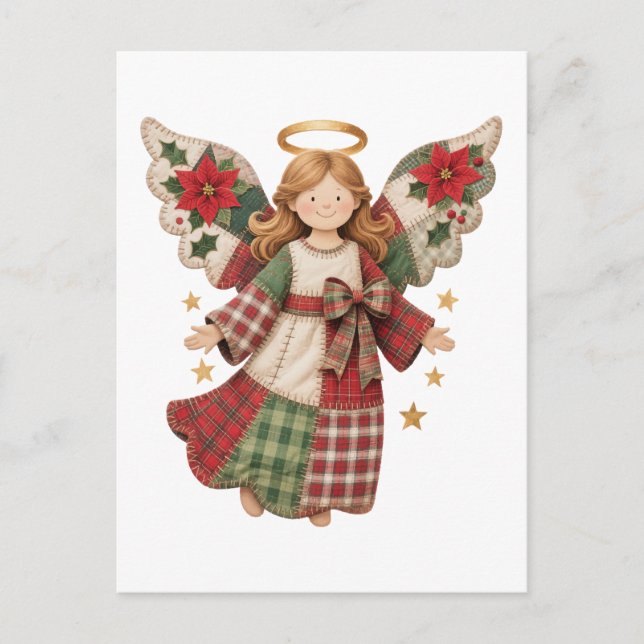 Cartão Postal Anjo de Natal com Estrelas Douradas (Frente)