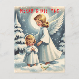 Cartão Postal Anjo de Natal Vintage, Criança e Pássaro