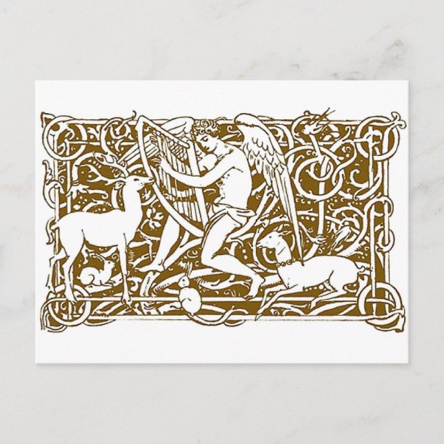 Cartão Postal Anjo e Animais da Floresta em Arte Nova Vintage (Frente)