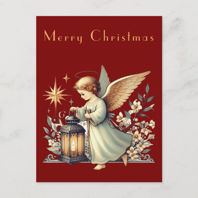 Cartão Postal Anjo e Lanterna de Natal Vintage (Frente)