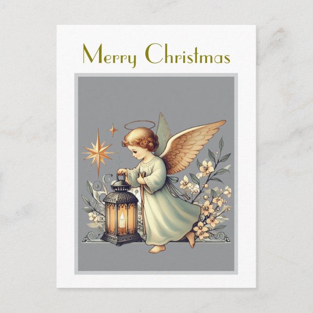 Cartão Postal Anjo e Lanterna de Natal Vintage (Frente)