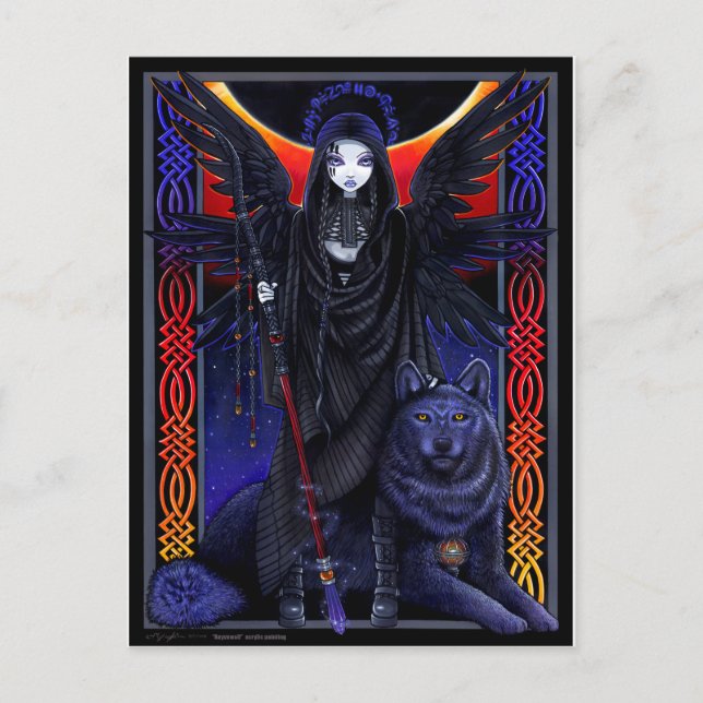 Cartão Postal Anjo escuro e lobo. Rayvnwolf por Myka Jelina (Frente)