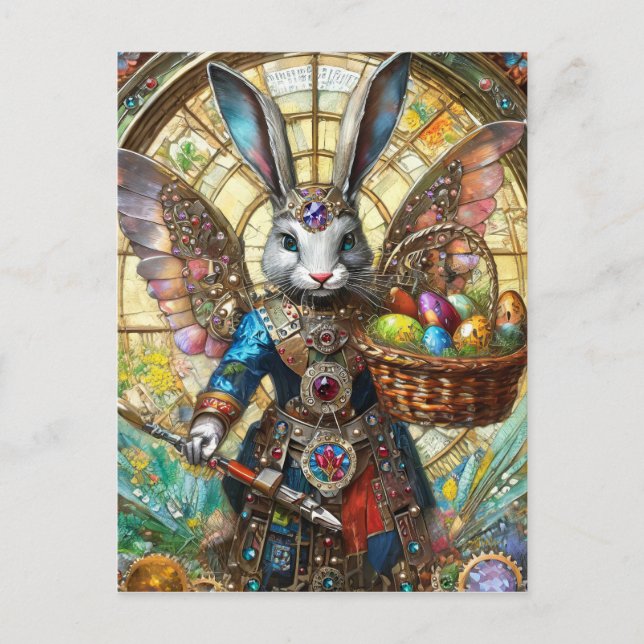 Cartão Postal Anjo Guerreiro Steampunk do Coelho de Páscoa (Frente)