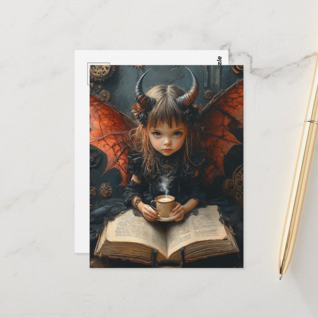 Cartão Postal Anjo Negro Com Café e um Livro (Frente/Verso In Situ)