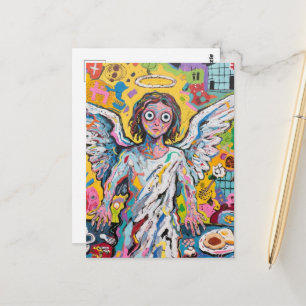 Cartão Postal Anjo no café da manhã em estilo arte bruta