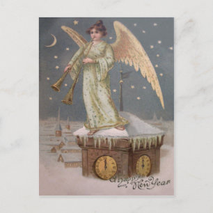 Cartão Postal Anjo Querubim Torre Relógio Lua Estrelas