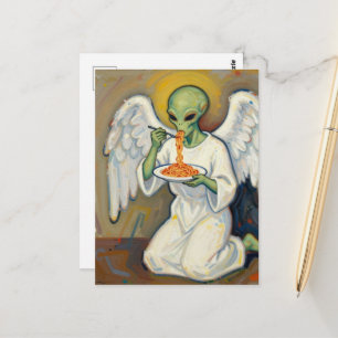 Cartão Postal Anjo Verde Alien Comendo Espaguete