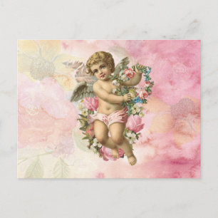 Cartão Postal Anjo Vintage com Flores Lindas