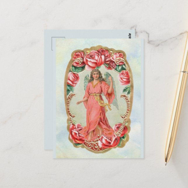 Cartão Postal Anjo Vitoriano de Natal Incriminado por Rosas verm (Frente/Verso In Situ)