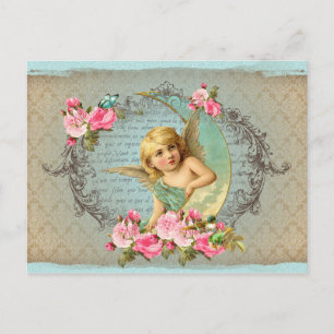 Cartão Postal Anjo Vitoriano vintage rosa, antiga rosa azul