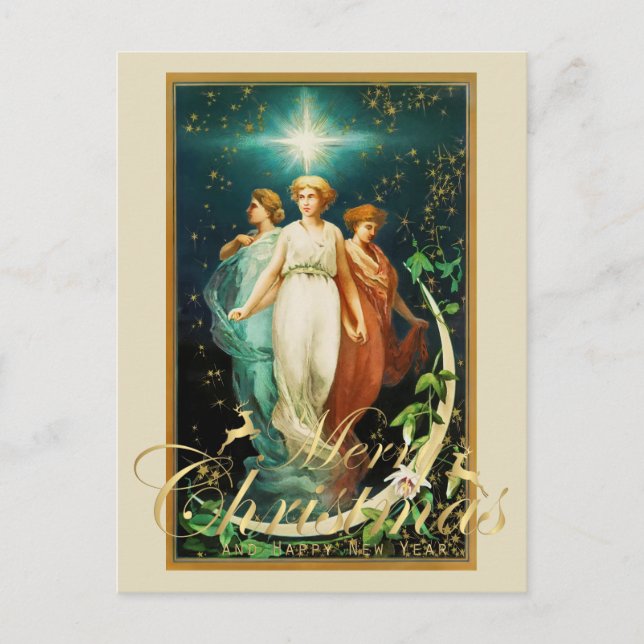 Cartão Postal Anjos de Natal Antigos com Estrela (Frente)