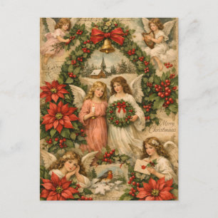 Cartão Postal Anjos de Natal Antigos, Poinsettia, Frutas