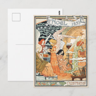 Cartão Postal Anjos de Natal e Madona em Arte Nova Vintage
