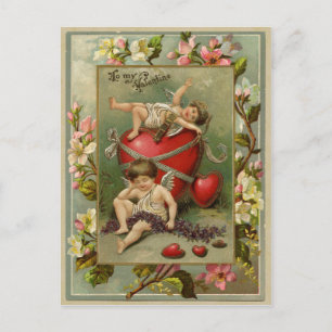 Cartão Postal Anjos Querubins e Corações Reprodução Vintage