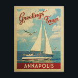 Cartão Postal Annapolis Postcard Sailboat Vintage Maryland<br><div class="desc">Esta saudação de Annapolis Maryland viagens vintage náutico apresenta um barco navegando na água com gaivotas e um céu azul cheio de lindas nuvens brancas puffy.</div>