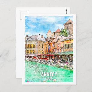 Cartão Postal Annecy France Viagem Place Watercolor