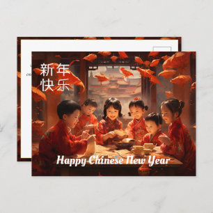 Cartão Postal Ano Novo Chinês com crianças felizes
