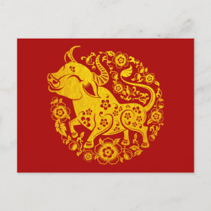 Cartão Postal Ano Novo Chinês de 2021 do Boi Dourado Floral