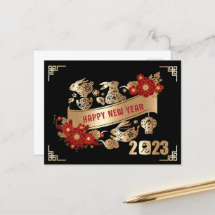 Cartão Postal Ano Novo Chinês do Coelho 2023 Dourado Floral Negr