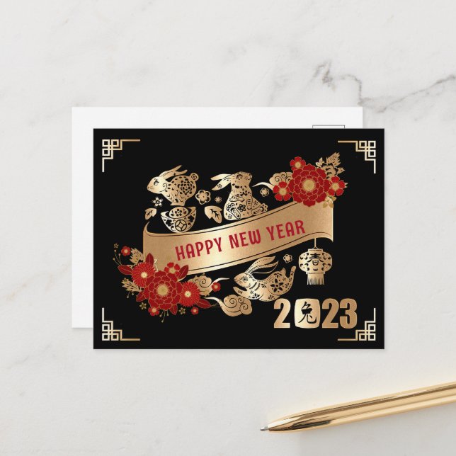 Cartão Postal Ano Novo Chinês do Coelho 2023 Dourado Floral Negr (Frente/Verso In Situ)