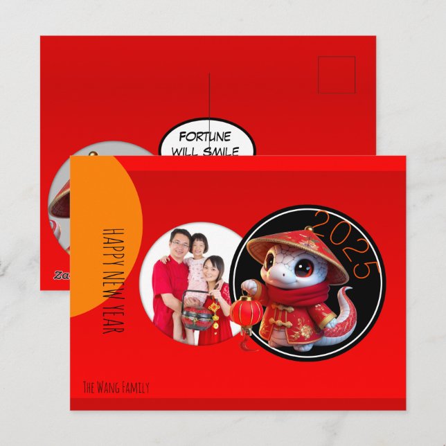 Cartão Postal Ano Novo Chinês Humorístico da Cute Cobra Adicione (Frente/Verso)