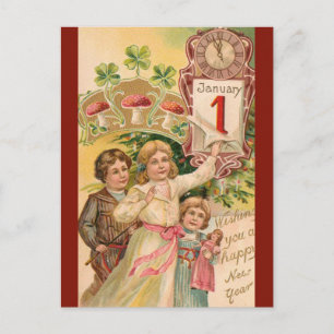 Cartão Postal Ano Novo Feliz Crianças Vintage e Cogumelos