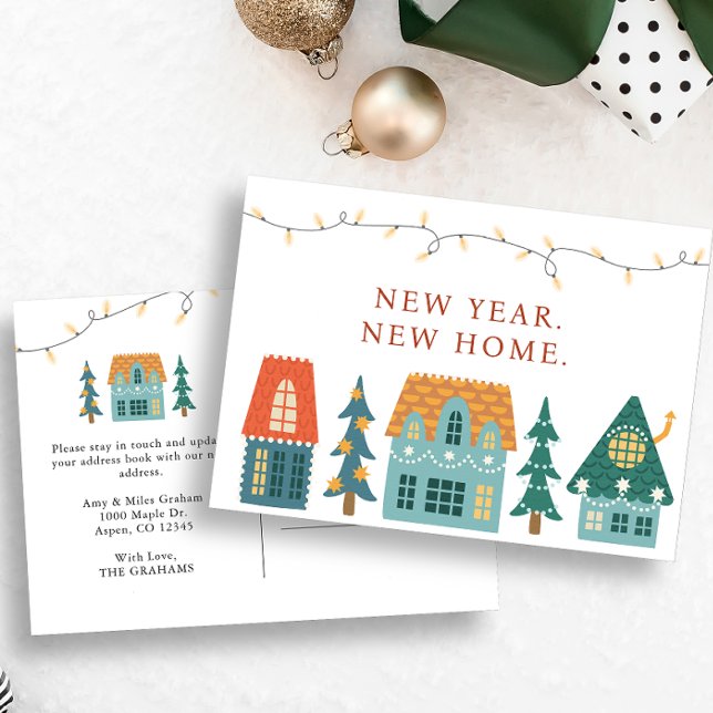 Cartão Postal Ano Novo Nova Casa Feriado (New Year New Home Postcard Holiday Retro Houses Christmas Card)
