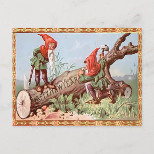 Cartão Postal Anões Gnomo Vintage Esculpindo Toras "Feliz Ano No