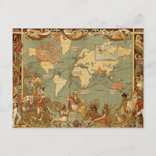 Cartão Postal Antecipação do Mapa Mundial 1886 Ilustrada