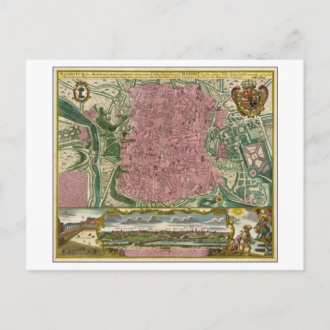 Cartão Postal Antecipado 1730 Mapa de Madrid, Espanha, (Frente)