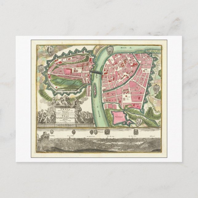 Cartão Postal Antecipado 1730 Mapa de Praga, República Checa, (Frente)