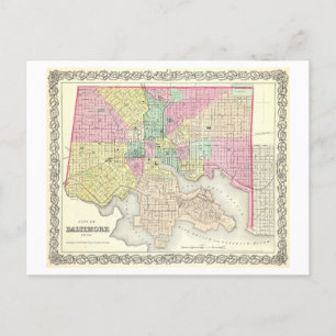 Cartão Postal Antecipado 1856 Mapa de Baltimore, Maryland