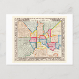 Cartão Postal Antecipado 1867 Mapa de Baltimore, Maryland